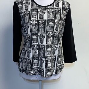 Allison Daley Petite Womens SP Black White Long Sleeve Cotton Blend Graphic Top